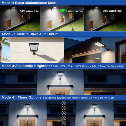 PCYIS Solar Street Lights Outdoor, 4-Pack 45000LM, Dusk to Dawn Motion Sensor Light with Remote, 7500K LED Solar Flood Light, IP67 Waterproof Wall Mount Security Light for Yard, Garage, Driveway
