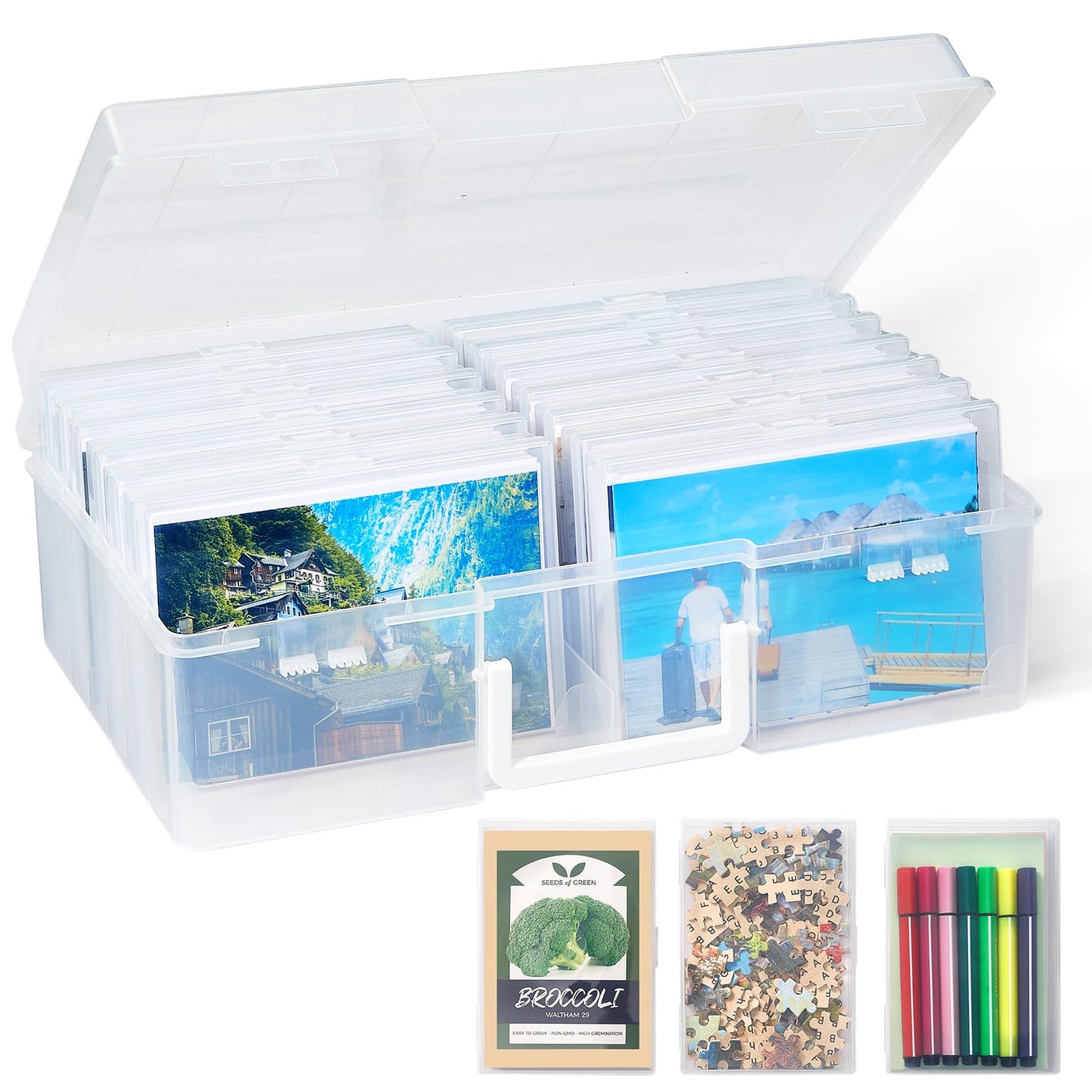 Lifewit Photo Storage Box 4x6 Photo Case, 14 Inner Photo Keeper, Clear Photo Boxes Storage with 1 Sheet Label Sticker, Plastic Craft Storage Box with lids for Cards Pictures Stamps Office Supplies