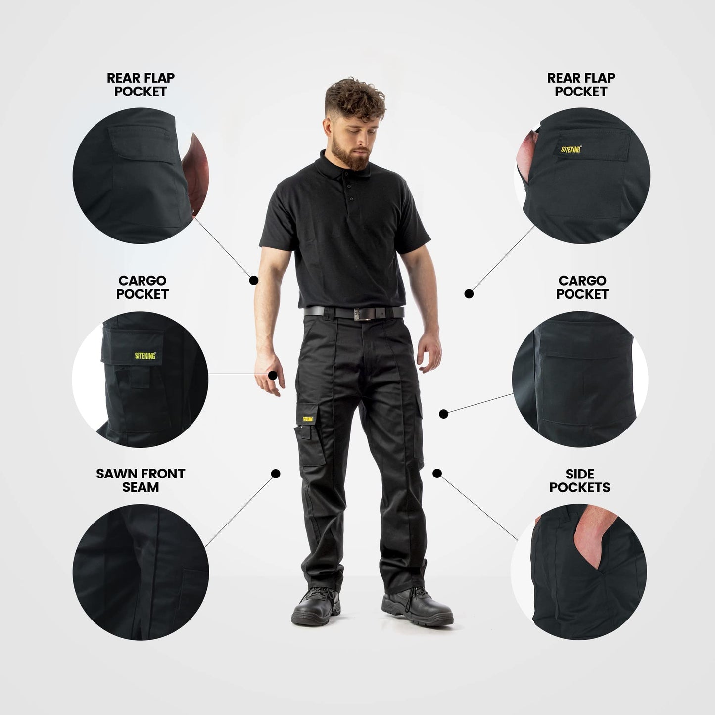 SITE KING Mens Cargo Work Trousers Black or Navy Sizes 28 to 52 (32 Waist / 31)