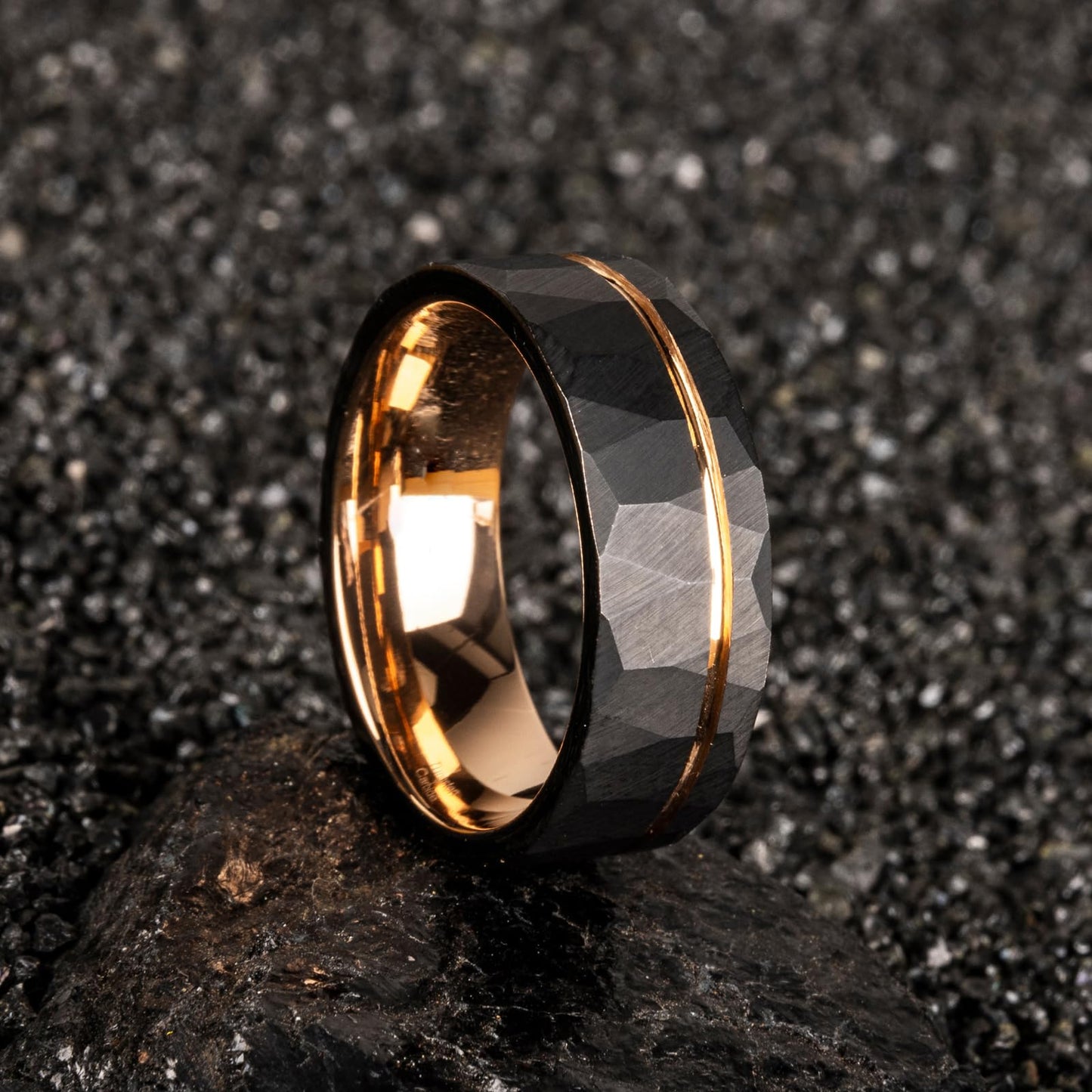 JEWPER 8mm Men Womens Wedding Band Tungsten Rings Black rose gold Fashion Promise Carbide Hammered groove design on outer ring Matte Finish Edge Comfort Fit Size(12)