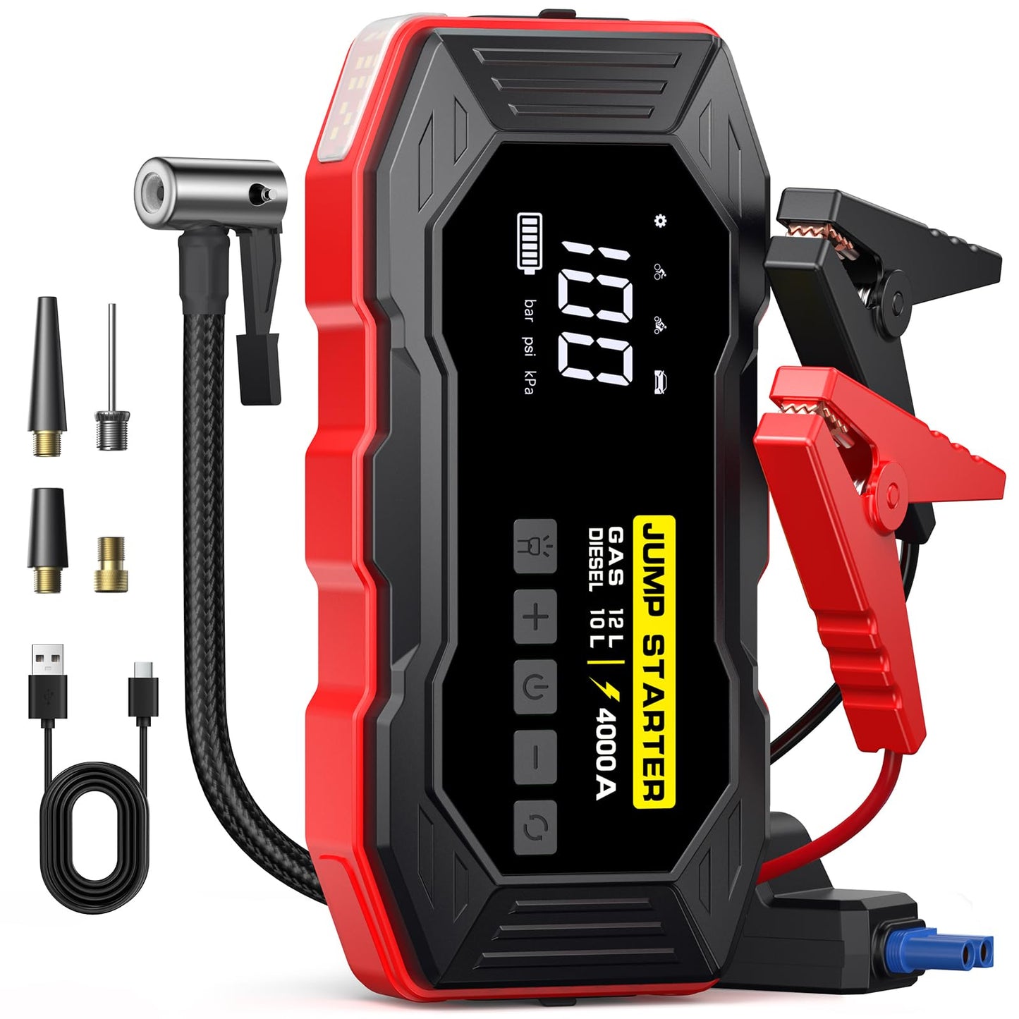 Jump Starter with Air Compressor, Portable Car Battery Jump Starter(12 Gas/10L Diesel), 4000A Peak 160PSI 12V Automobile Jump Box Pack Chargers with Jumper Cables, 4-Mode LED Lights (Black&Red)