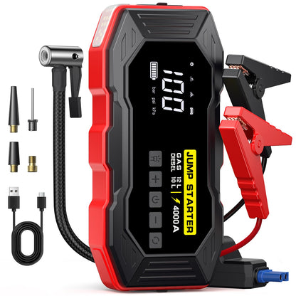 Jump Starter with Air Compressor, Portable Car Battery Jump Starter(12 Gas/10L Diesel), 4000A Peak 160PSI 12V Automobile Jump Box Pack Chargers with Jumper Cables, 4-Mode LED Lights (Black&Red)