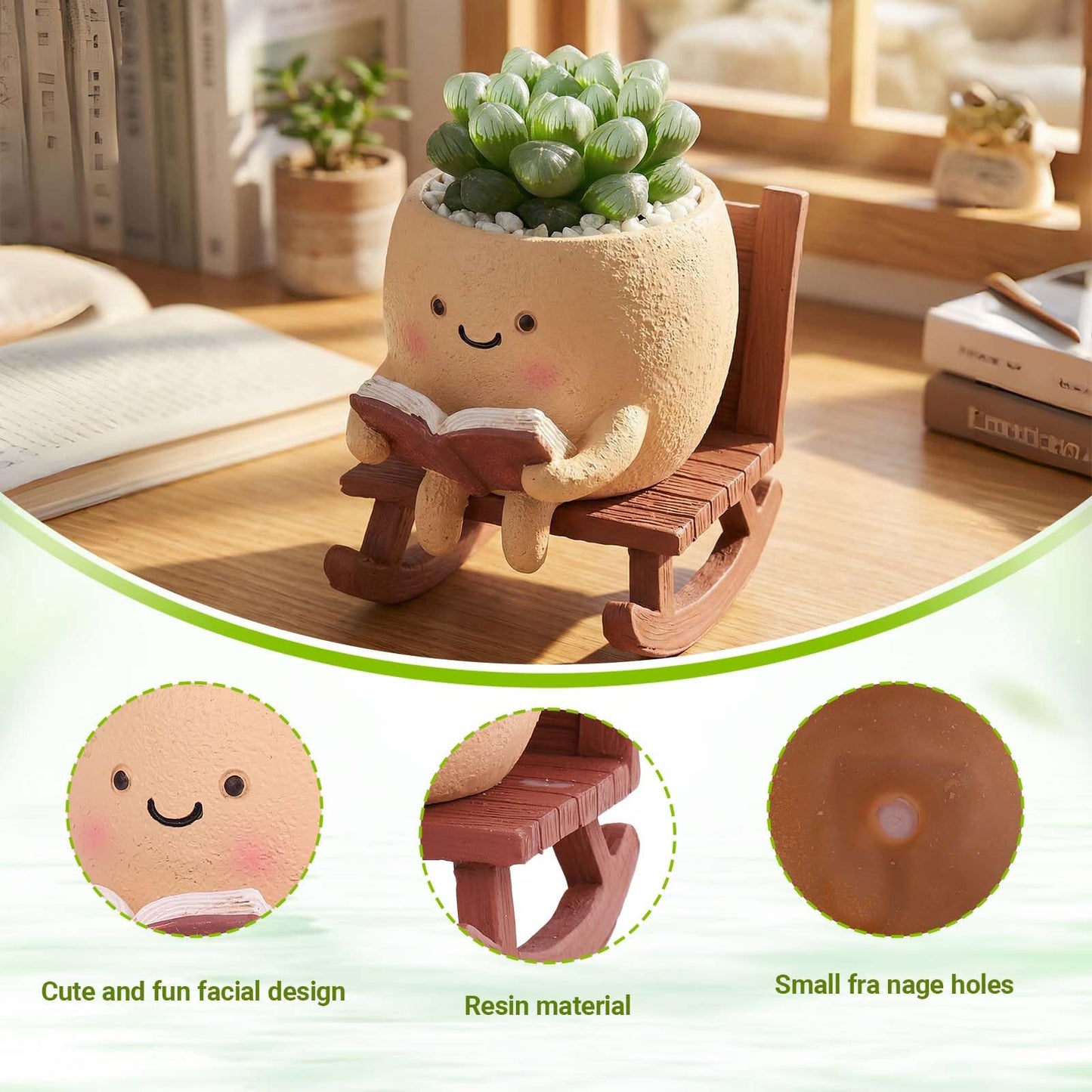 XOMIUHL Rocking Chair Reading Book Planter, Cute Smiley Face Succulent Pots with Drainage Hole, Unique Funny Flower Pot for Indoor Outdoor Plants, Plant Gifts for Mother's Day, Birthday, Christmas