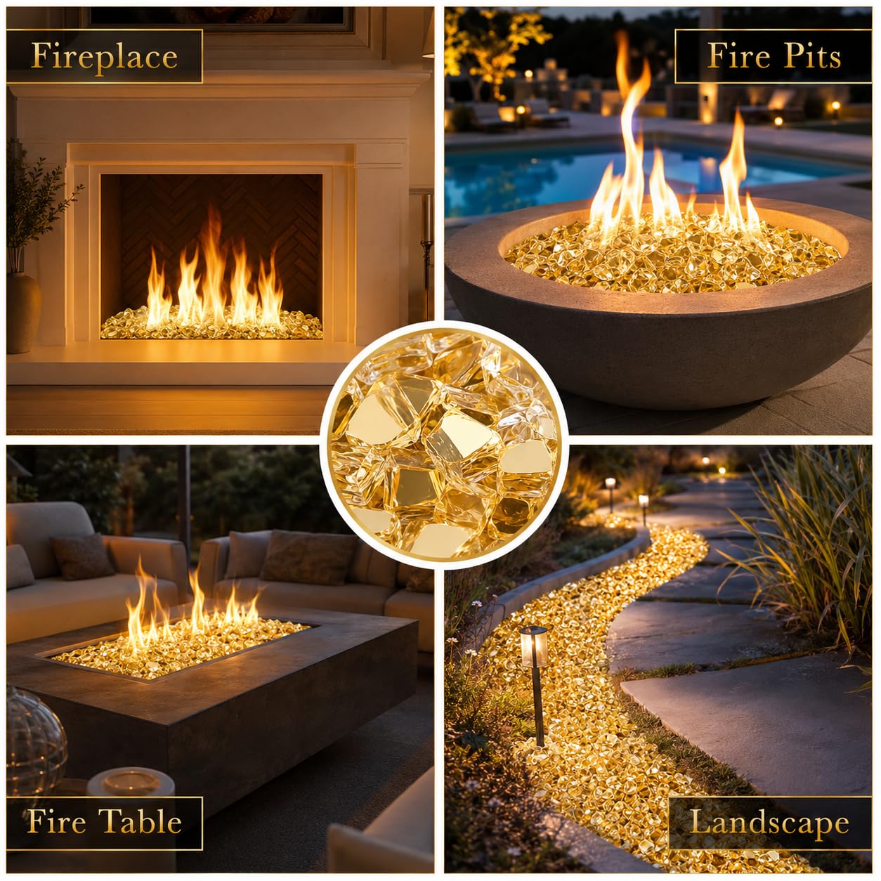 GRISUN Gold Fire Glass for Fire Pit, 20 Pounds 1/2 Inch High Luster Reflective Tempered Glass Rocks for Natural or Propane Fireplace, Safe for Outdoors and Indoors Firepit Glass