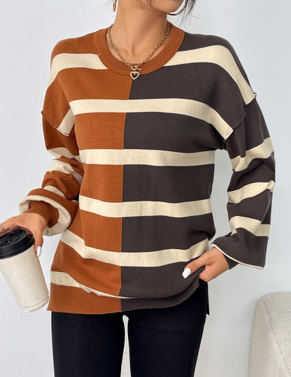 Zeagoo Womens Striped Oversized Sweater 2025 Crew Neck Long Sleeve Knitted Color Block Casual Loose Pullover Top
