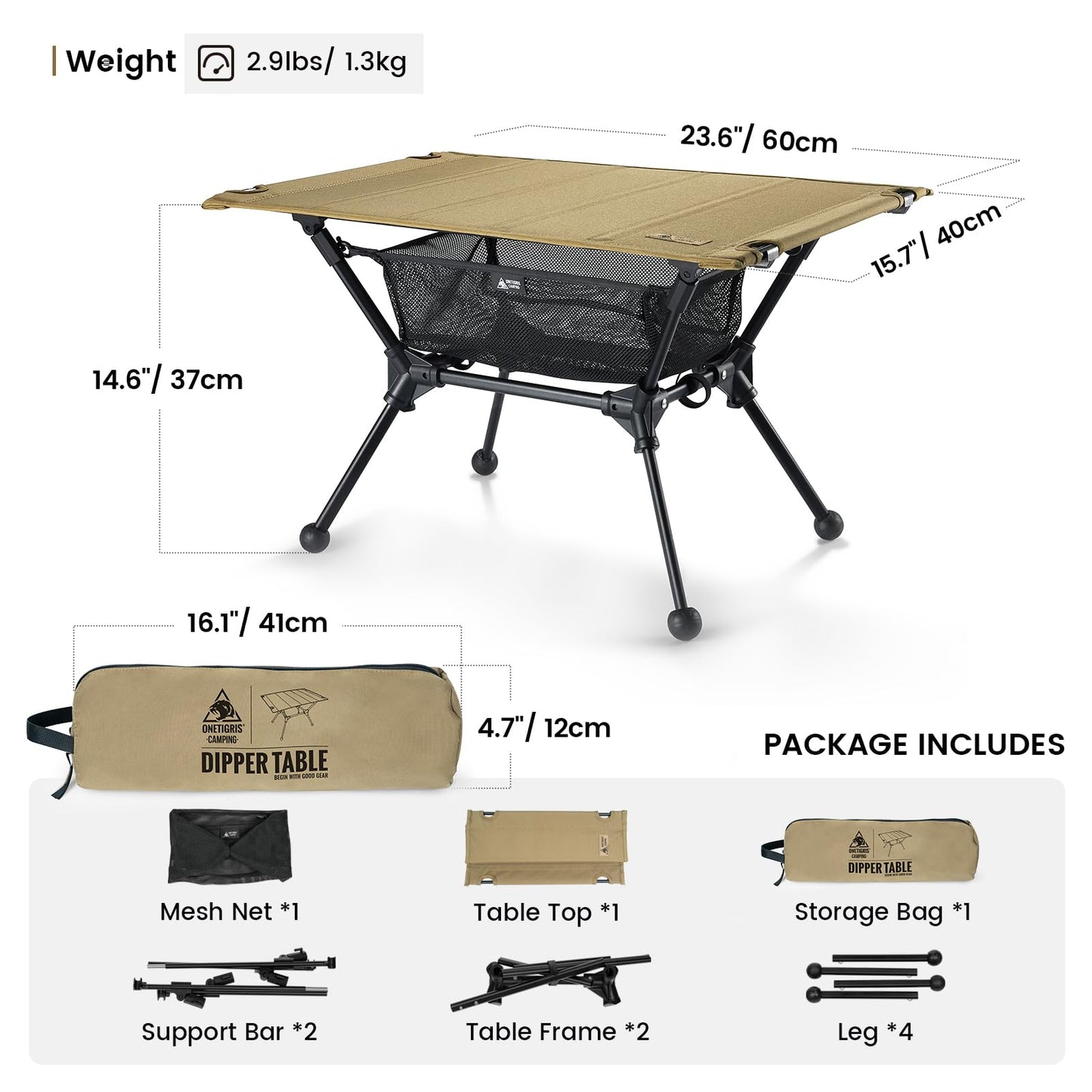 ONETIGRIS Dipper Camping Table, Lightweight Portable Folding Table with Mesh Storage Net, High/Low Options, Ideal for Camping, Hiking, Tailgating, Beach, Picnic, Travel, Backyard