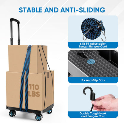 TICONN Folding Portable Dolly Cart, Black, 4-Wheel, 110 lbs Capacity, Adjustable Handle, Silent Wheels