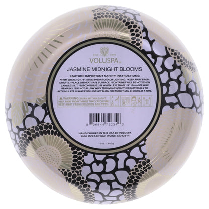 Voluspa Jasmine Midnight Blooms Candle, 3 Wick Tin Candle Jar, 12oz, 40 Hour Burn Time, Coconut Wax Candle for The Home, Poured in the USA