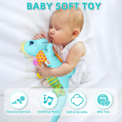Baby Dino Musical Stuffed Animal Toys for 0-3-6-9-12 Months，Infant Dinosaur Tummy Time Toys with Crinkle Sound Paper,Teether，Textures & Rattles for Newborn Boys Girls Birthday Gifts，Blue