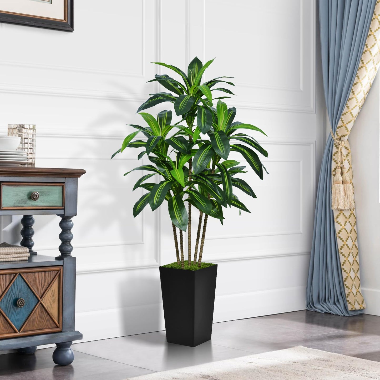ASTIDY Artificial Dracaena Tree 5FT - Faux Tree with Black Tall Planter - Fake Tropical Yucca Floor Plant Potted - Artificial Silk Tree for Home Office Living Room Decor Indoor