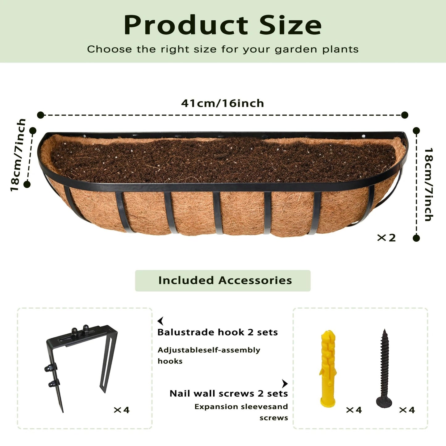Qusuxi 16'' Window Box Railing Planter with Coco Liner,2 Pack Horse Trough Planters Black Metal Hanging Flower Planters Basket for Porch Fence Patio Indoor Outdoor Lawn