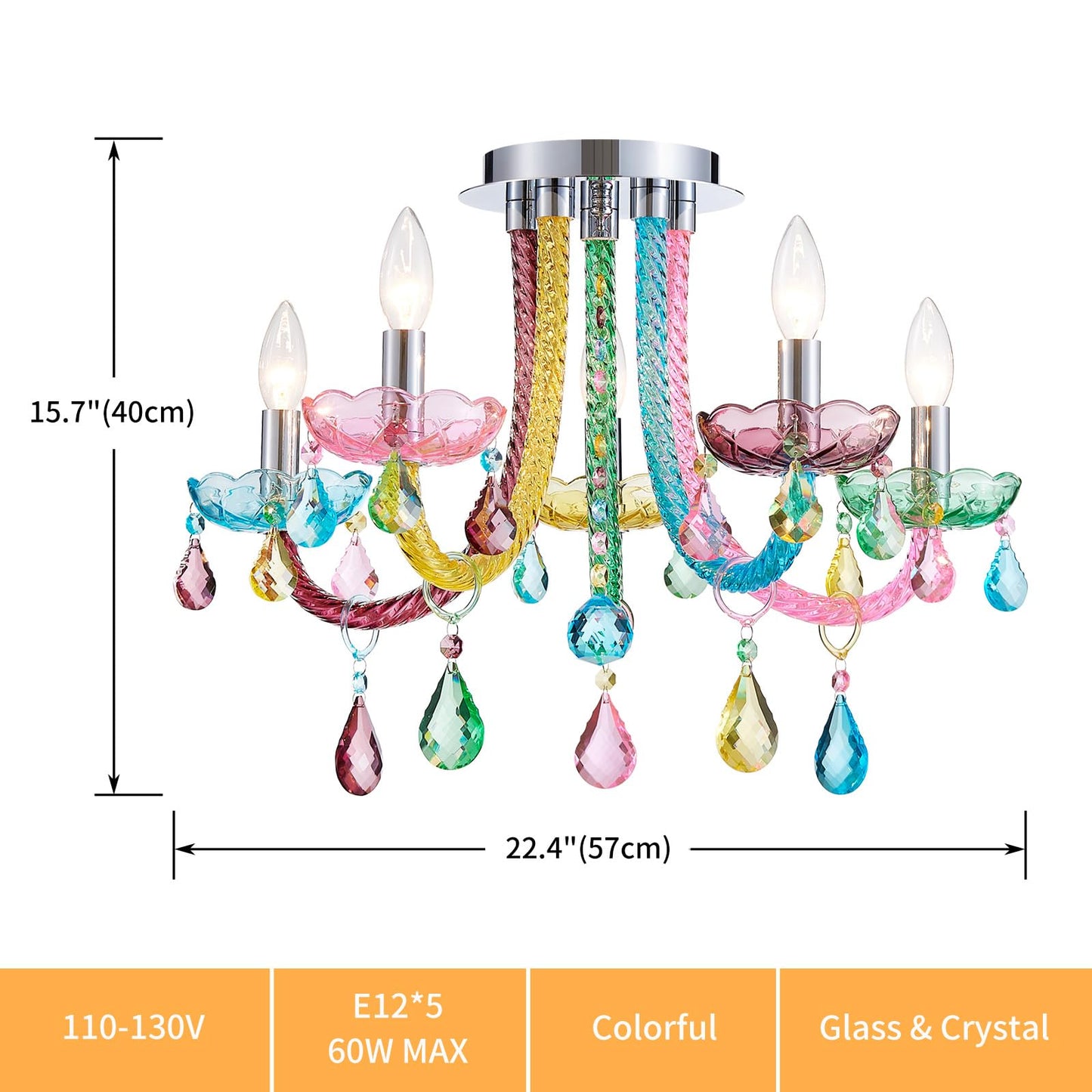 ElegLumi 5-Light Children Candle Chandeliers, Modern Candy Design Flushmount Light Fixture for Bedroom, Dining Room, Kitchen, Bathroom, D22×H16 inch, Clear Rainbow Color Finish & K9 Crystal