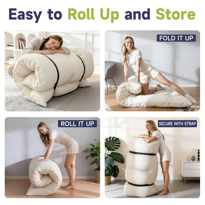 KOSRLY 6" Futon Mattress Full Size, Tufted Futons Sofa Couch Bed with Twisted Rope Design Edging,Versatile Floor Mattress for Adults，Shredded Foam Filling (Frame Not Included Beige, Queen)