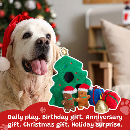 Hollypet Squeaky Dog Toy, Interactive Plush Hide and Seek Dog Toys for Small Medium Sized Dogs and Non-Aggressive Chewers, Puppy Teeth Clean Chew Toys, Christmas Tree