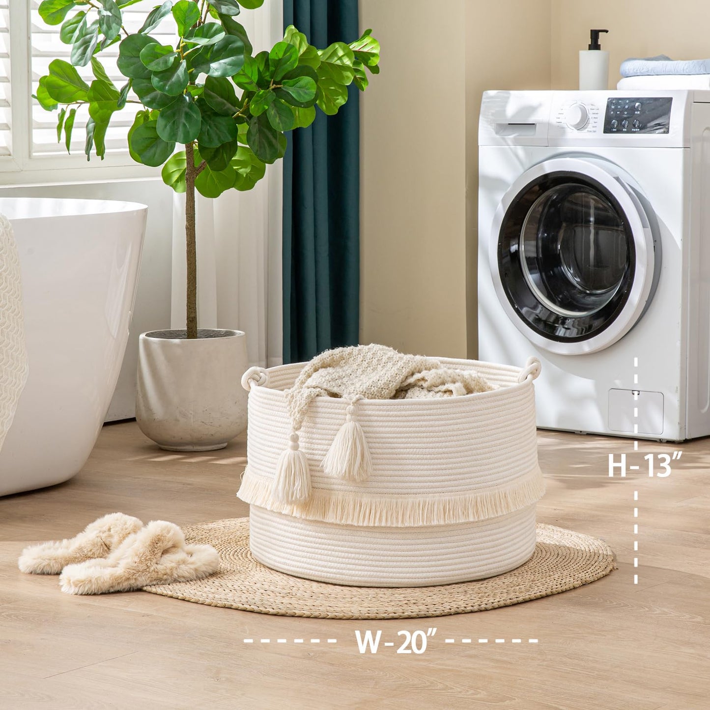 KAKAMAY Large Blanket Basket (20"x13"),Woven Baskets for storage Baby Laundry Hamper, Cotton Rope Blanket Basket for Living Room, Laundry, Nursery, Pillows, Baby Toy chest (White)