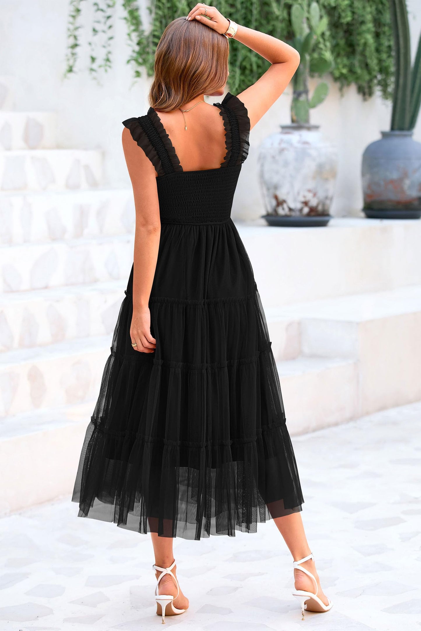 PRETTYGARDEN Women's Summer Tulle Midi Dress Sleeveless Smocked Ruffle Flowy Mesh Dresses Party Wedding Guest Sundress (Black,Large)