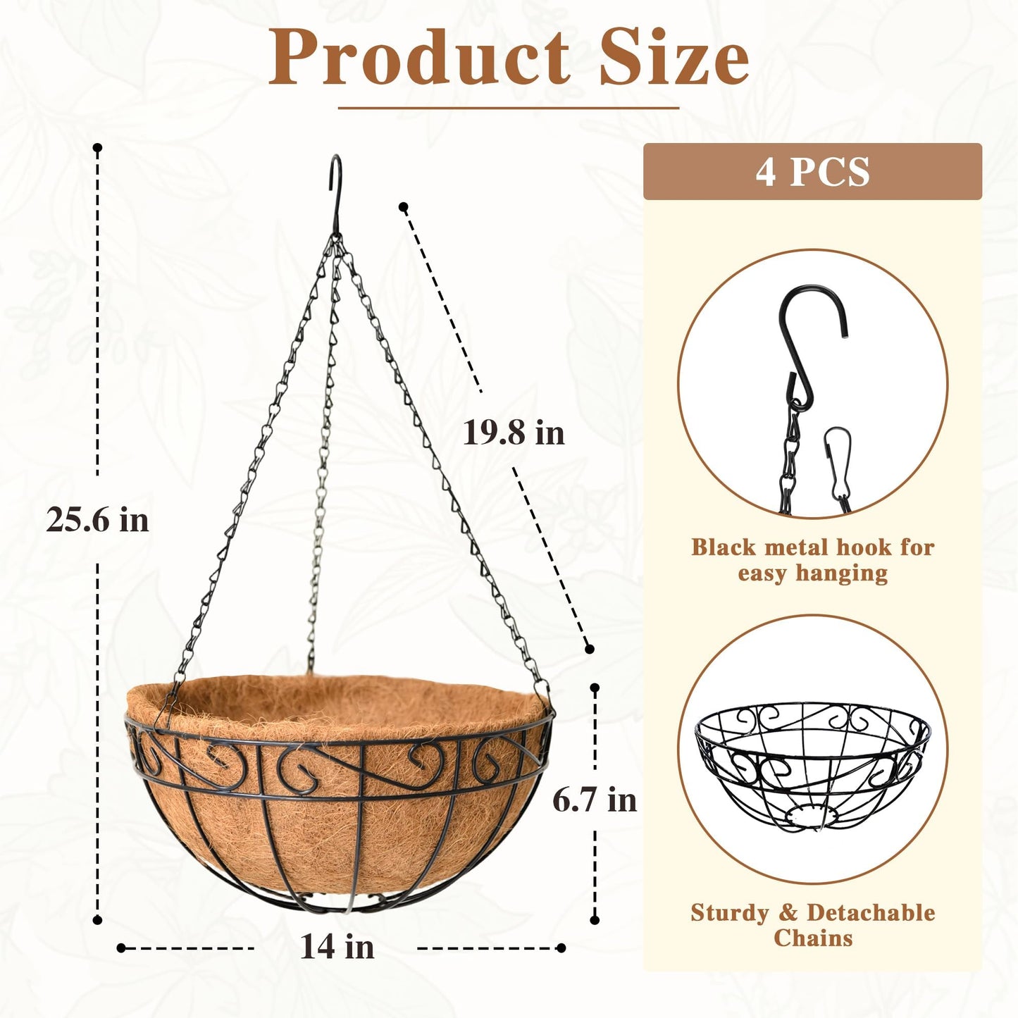 4 Pack Hanging Planter for Outdoor Plants 14 inch Metal Hanging Flower Basket with Coco Coir Liner Round Wire Plant Holder Chain Flower Pots Outdoor Garden Decoration Watering Hanging Baskets（HB）