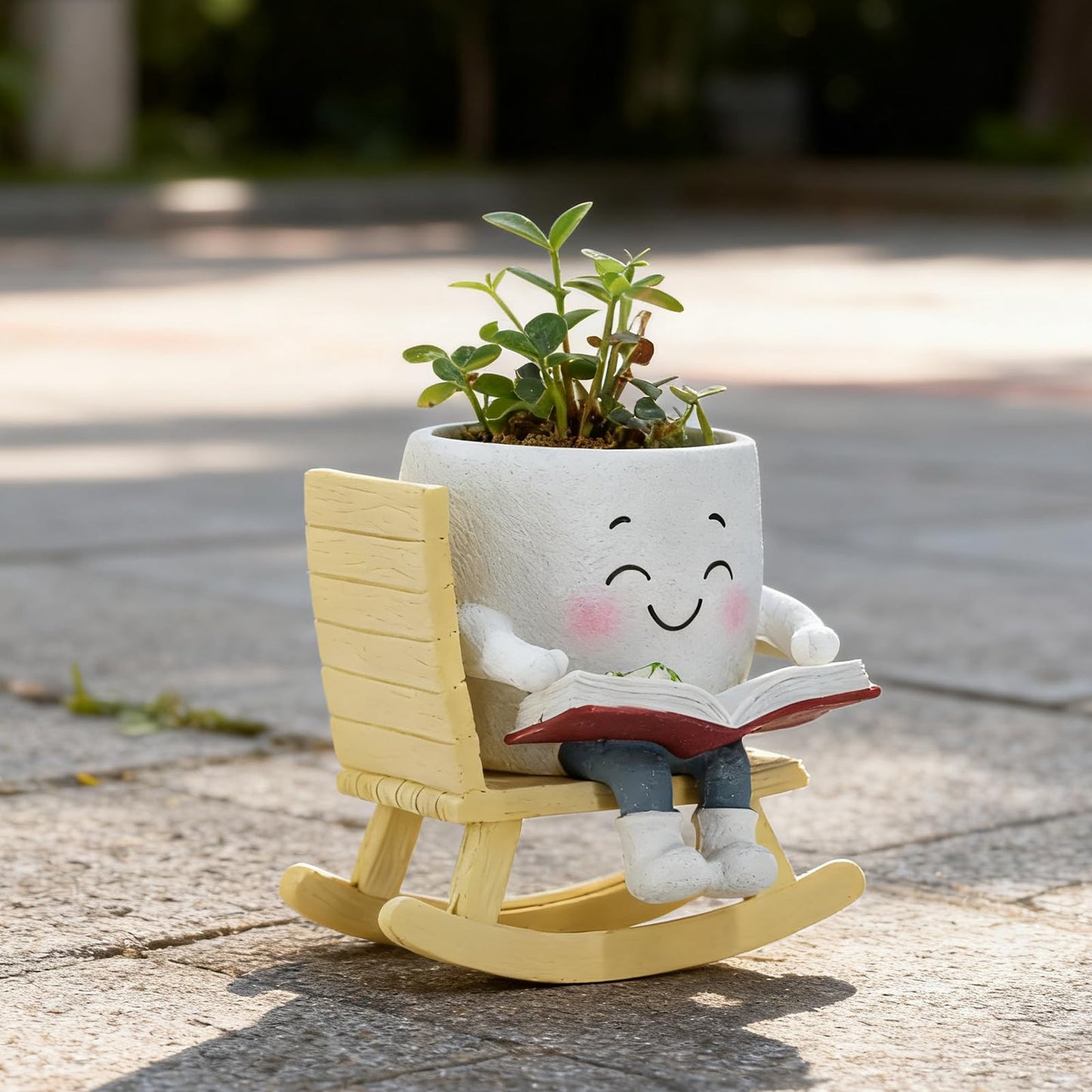 Smiley Face Planter Pot, Cute Resin Head Planter with Drainage Hole, Unique Rocking Chair Succulent Pot for Indoor Outdoor Plants, Funny Plant Lovers Gift for Mother's Day and Christmas (Side-Sitting)