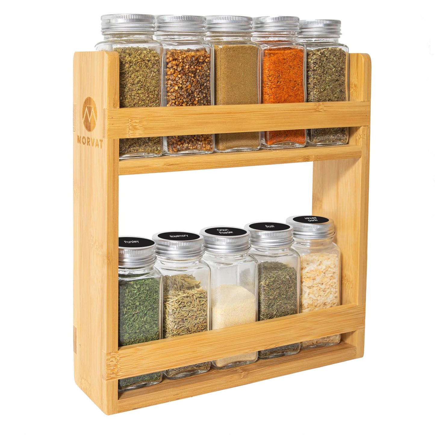 Morvat Bamboo Wooden Spice Jar Rack, 2-Tiered Seasoning Holder Organizer Set with 2 Shelves, Spice Storage Shelf for Kitchen Pantry & Cabinet, Counter or Wall Mount Option with Included Hardware