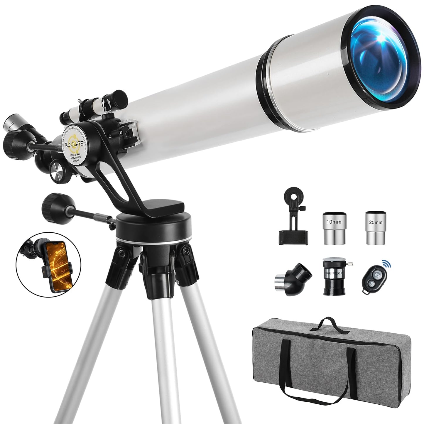 Telescope,90mm Aperture 700mm with Vertisteel AZ Mounting Slow-Motion Mount, High Power Telescopes for Adults Astronomy, Easy for Beginners, with Carry Bag,Wireless Remote Control, Phone Adapter,White