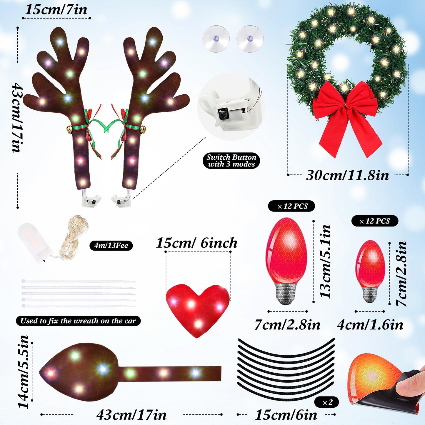 Cunno 6 Pack Christmas Reindeer Antlers Car Kit with LED Lights Christmas Car Decorations Light up Xmas Wreath Reflective Refrigerator Magnets Decals Auto Exterior Accessories