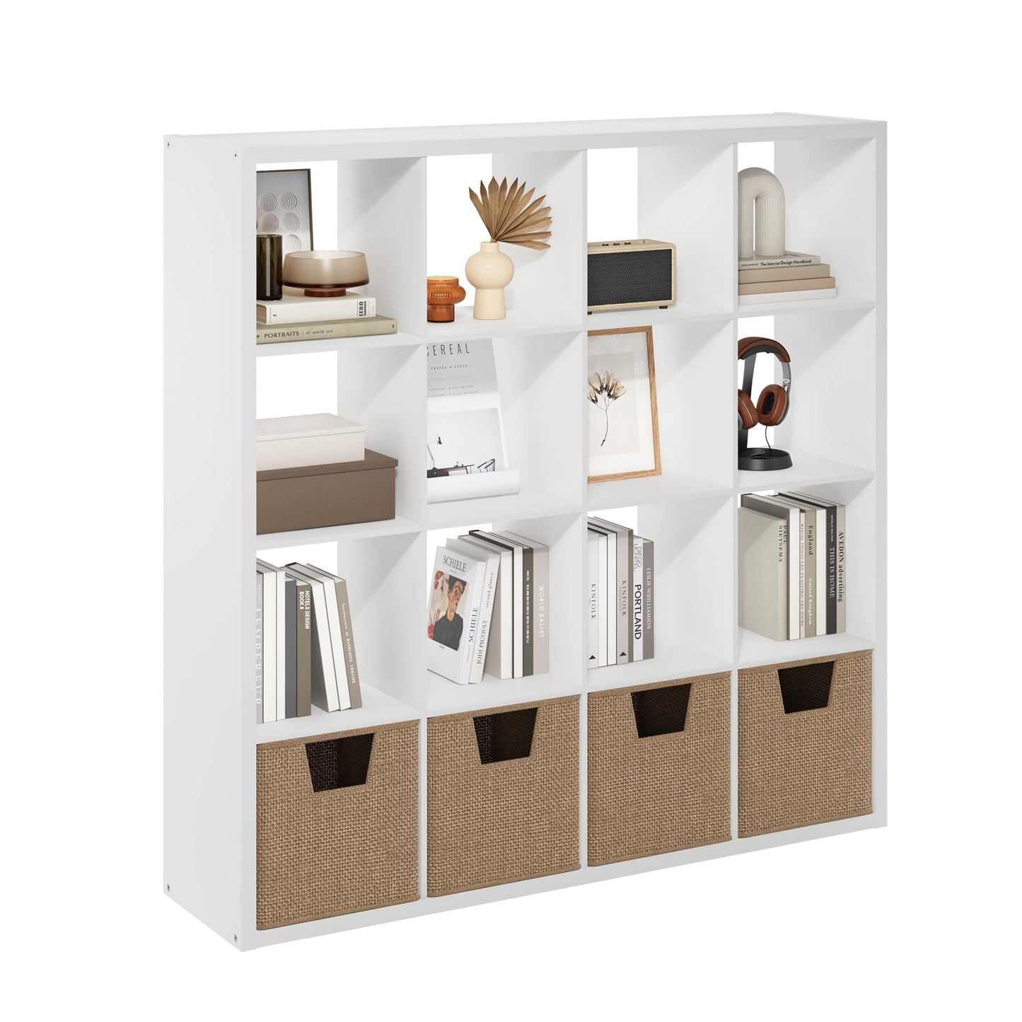 Furinno Cubicle Book Shelf, 16-Cube Bookshelf, Extra Thick Frame Reversible Bookcase with Open Back, 14.6" x 58" x 58", for Living Room, Bedroom, Home Office, White