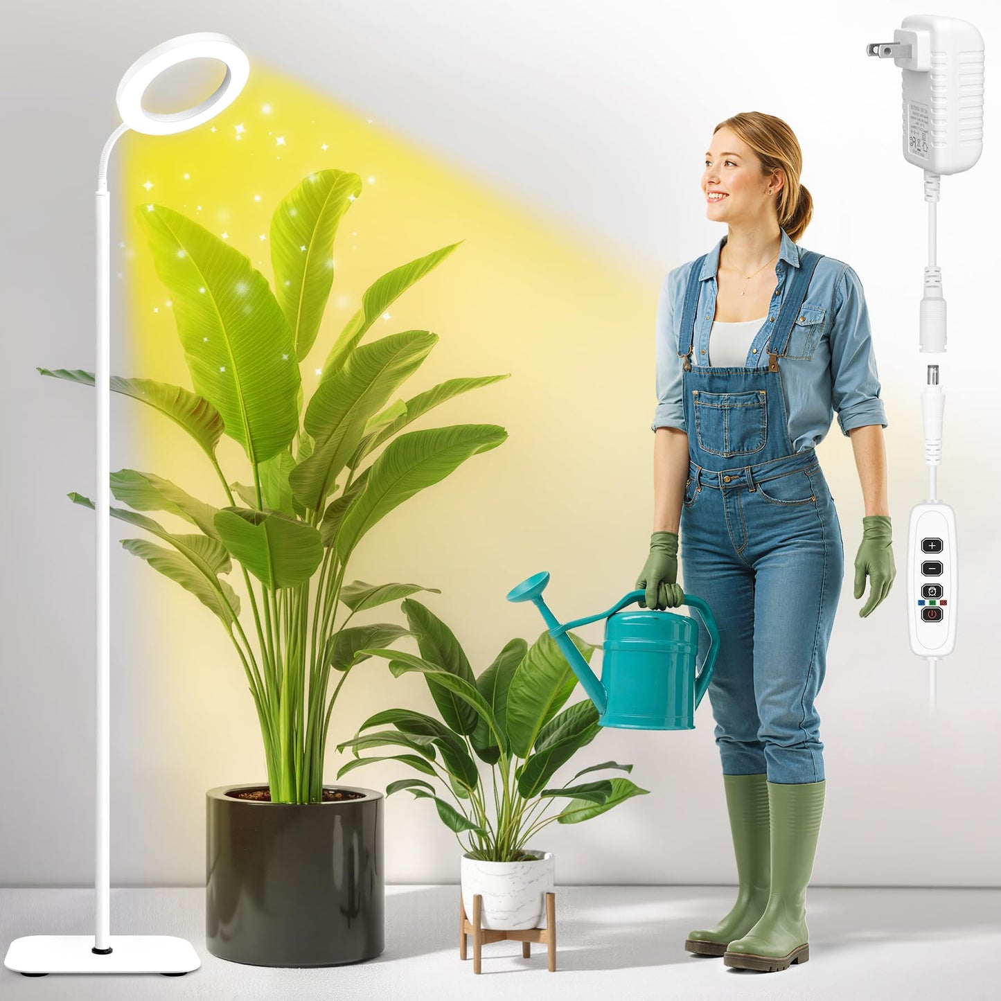 MistyJungle Grow Lights for Indoor Plants,Floor Lamp with 63IN Stand,Full Spectrum,10 Dimming,Halo Ring Warm Light, 3/9/12H Timer,Height Adjustable,Metal Stable Base Growing Light for Tall Small Plant