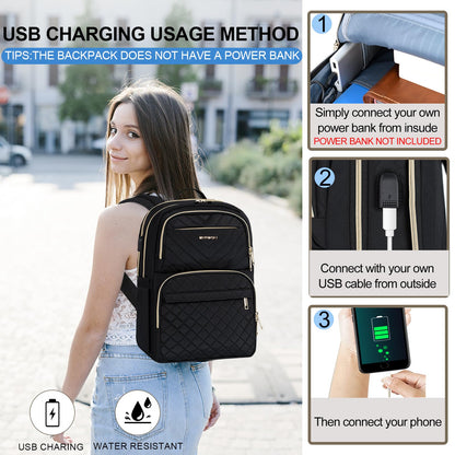 EMPSIGN Womens Backpack Laptop Backpack for Women with USB Charging Port, 15.6 Inch Travel Water Resistant Quilted Backpack, High-Capacity 30L Work Business Computer Backpack, Black
