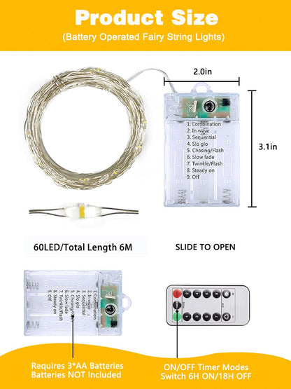 3 Pack 60 LED Fairy Lights Battery Operated with Remote, 8 Modes String Lights Indoor Outdoor, Cuttable Battery Light for Home Bedroom Wedding DIY Centerpiece Christmas Decorations (Warm White)
