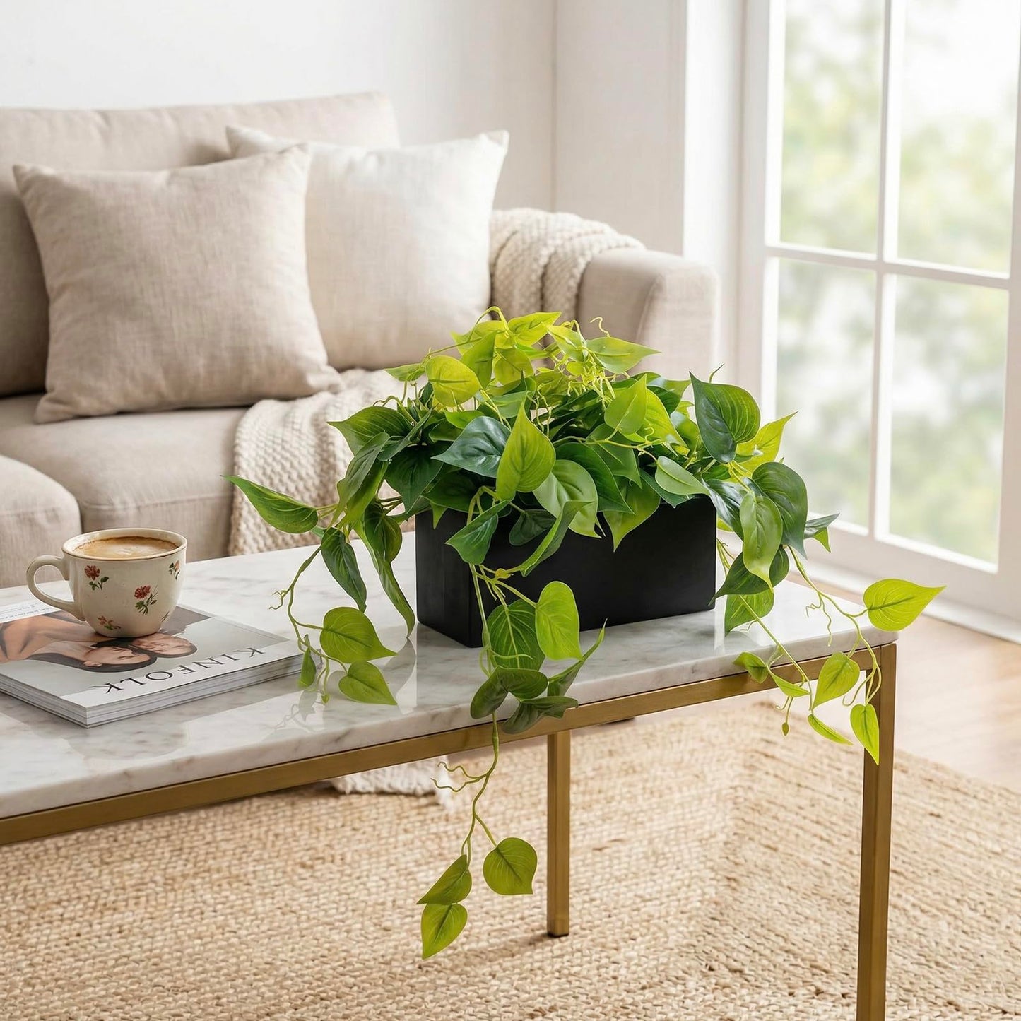 MyGift Vibrant Lifelike Artificial Plant Pothos Leafy Vine Greenery in Black Concrete Rectangular Planter Box