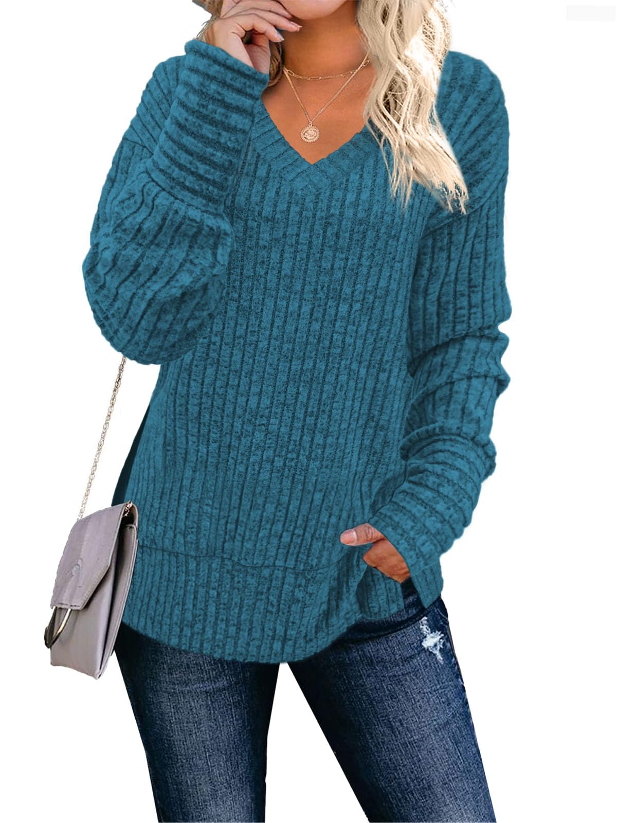 JomeDesign Womens Sweaters Long Sleeve V Neck Shirts Loose Casual Fashion Tops