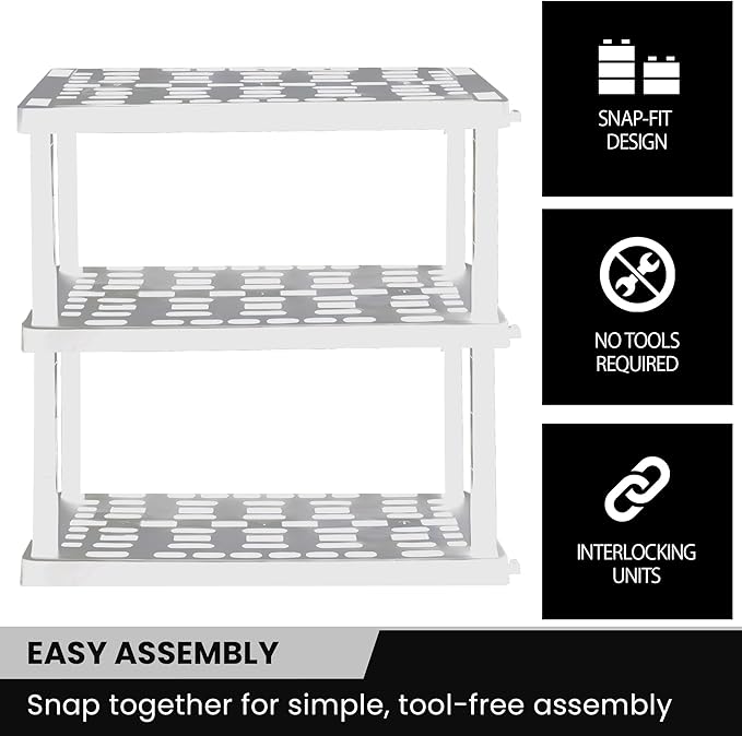 Oskar Heavy Duty Plastic Storage Shelves- for Garage, Kitchen, Bathroom Basement Kids Room, Stackable 3-Tier White, Organizer Rack for Books Shoes, Toys, Pantry, Cleaning and Closet Organization