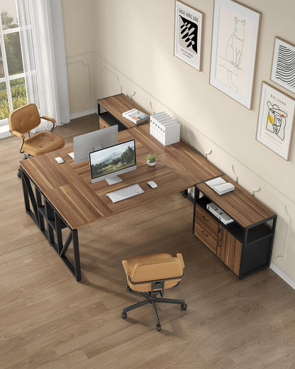 LITTLE TREE 63" L Shaped Executive Computer Desk and Drawer lateral File Cabinet, Dark Brown