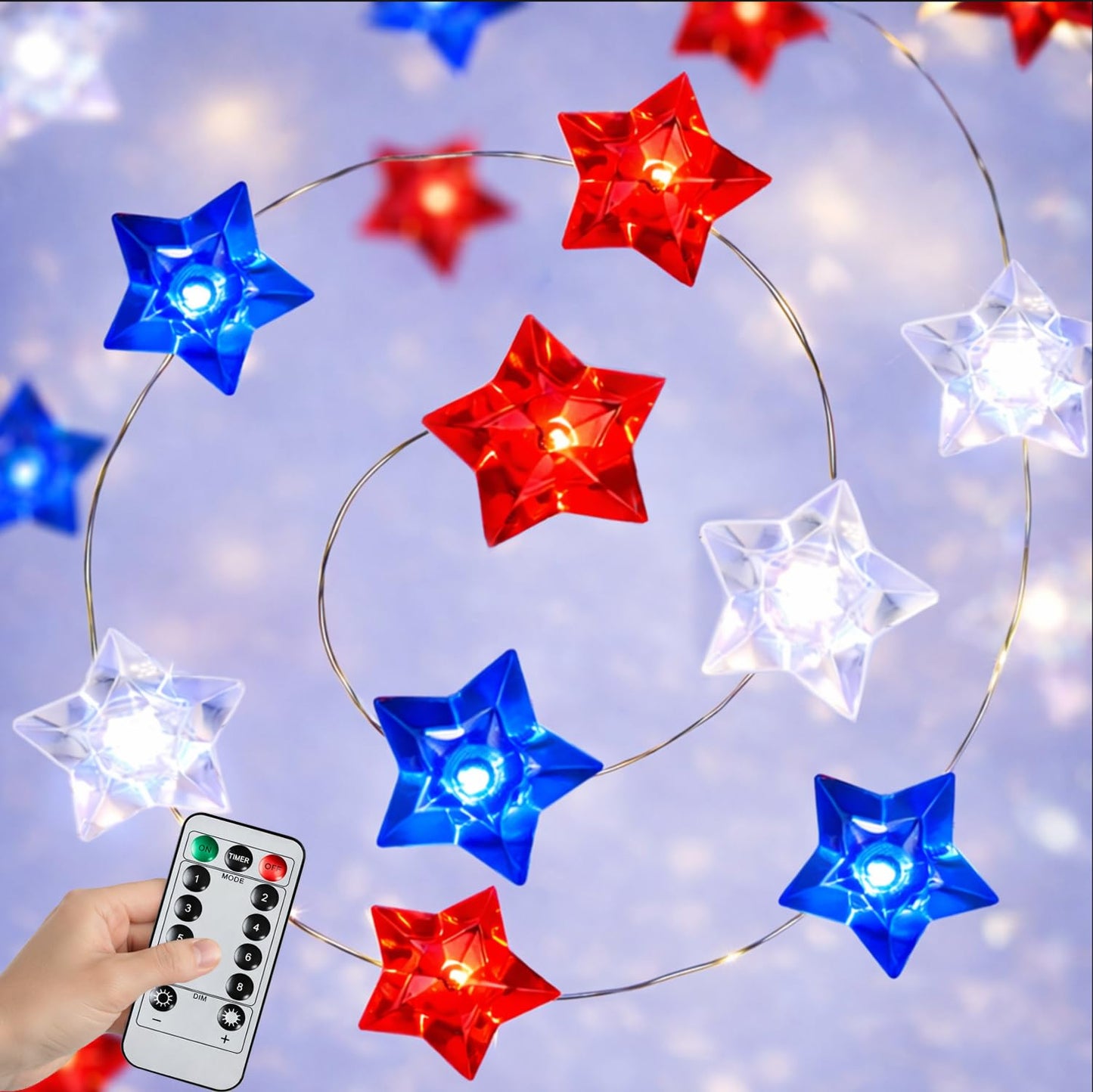 BOHON 4th of July Decorations Battery Operated String Lights with Remote Timer 13 ft 40 LEDs Red White and Blue Lights for Home Patriotic Memorial Independence Day Fourth of July Decor