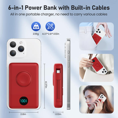 Magnetic Portable Charger for iPhone with Built-in Cables, 6-in-1 10800mAh Power Bank with iWatch Charger & LCD Display,25W PD Fast Charging Battery Pack for Magsafe,iPhone 16/15/14/13/12,Apple Watch