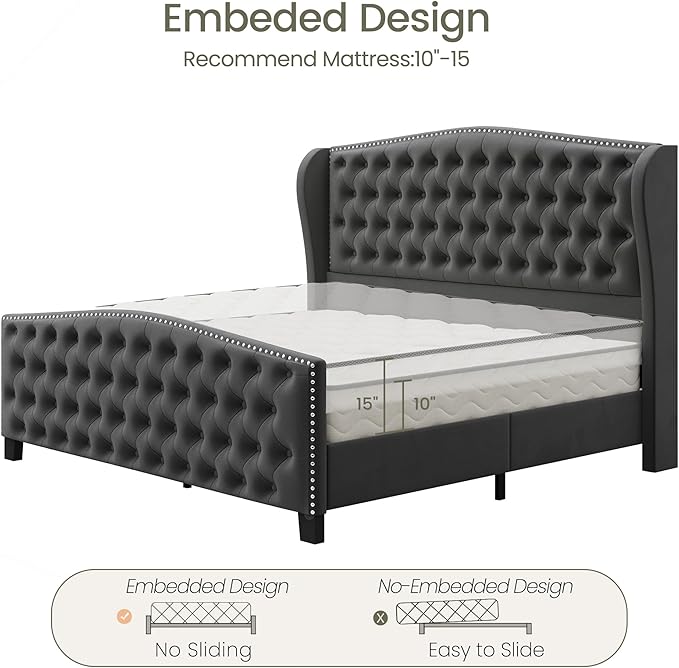 LARMACE King Size Bed Frame Velvet Upholstered Platform Bed