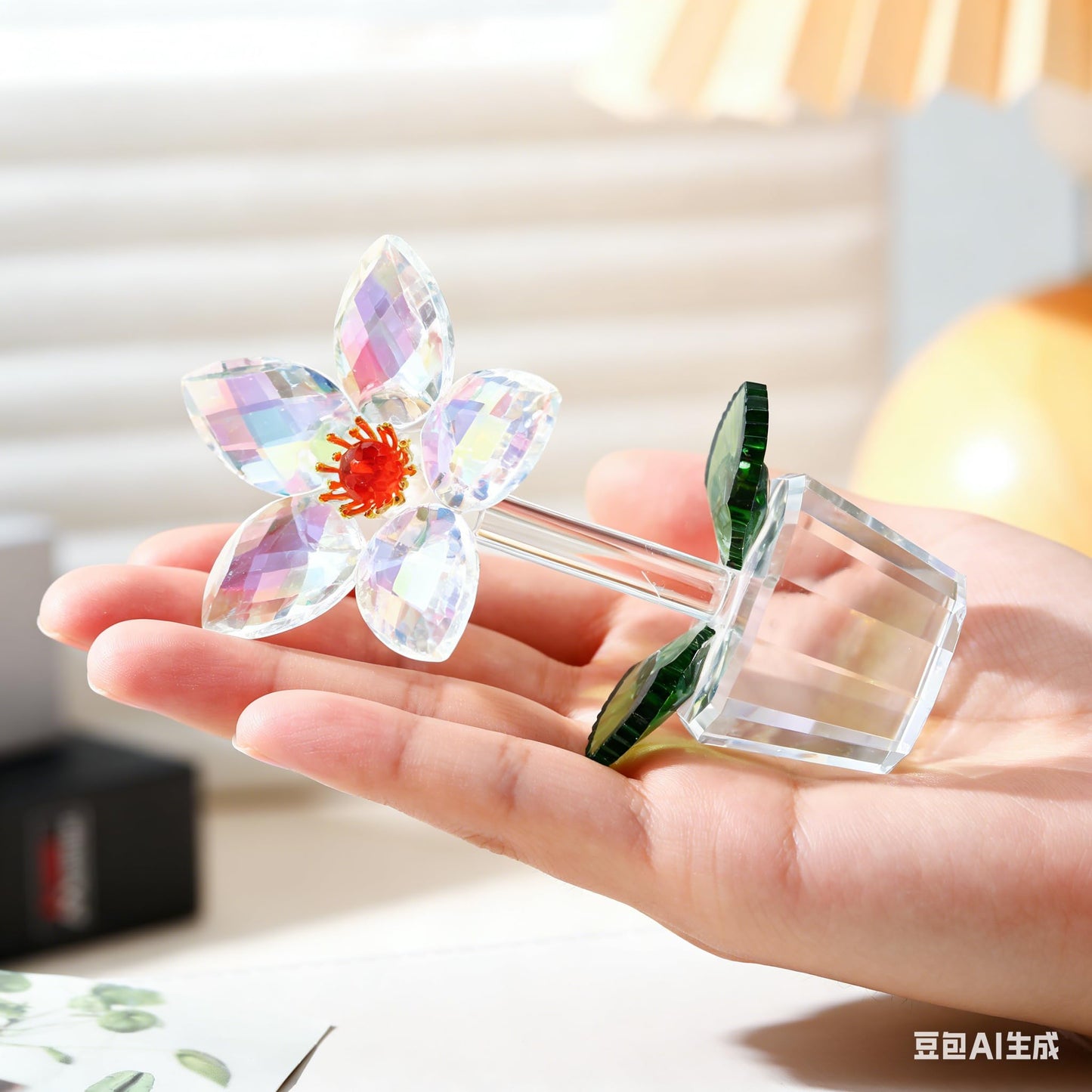 DLXK K9 Crystal Flower Figurine, Crystal Bloom Ornament with Hand-Polished Details, Mini Sparkling Decor for Home Tabletop Shelf, Ideal Festival Gift