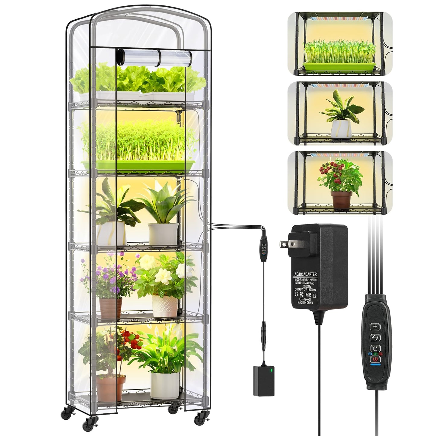 CUVERC Mini Indoor Greenhouse with Grow Light & PVC Cover Portable Small Greenhouse with Shelves Adjustable 5 Tier Metal Plant Stand with Grow Light for Indoor Plants, Seed Starting,16.5"x11.4"x56.3"