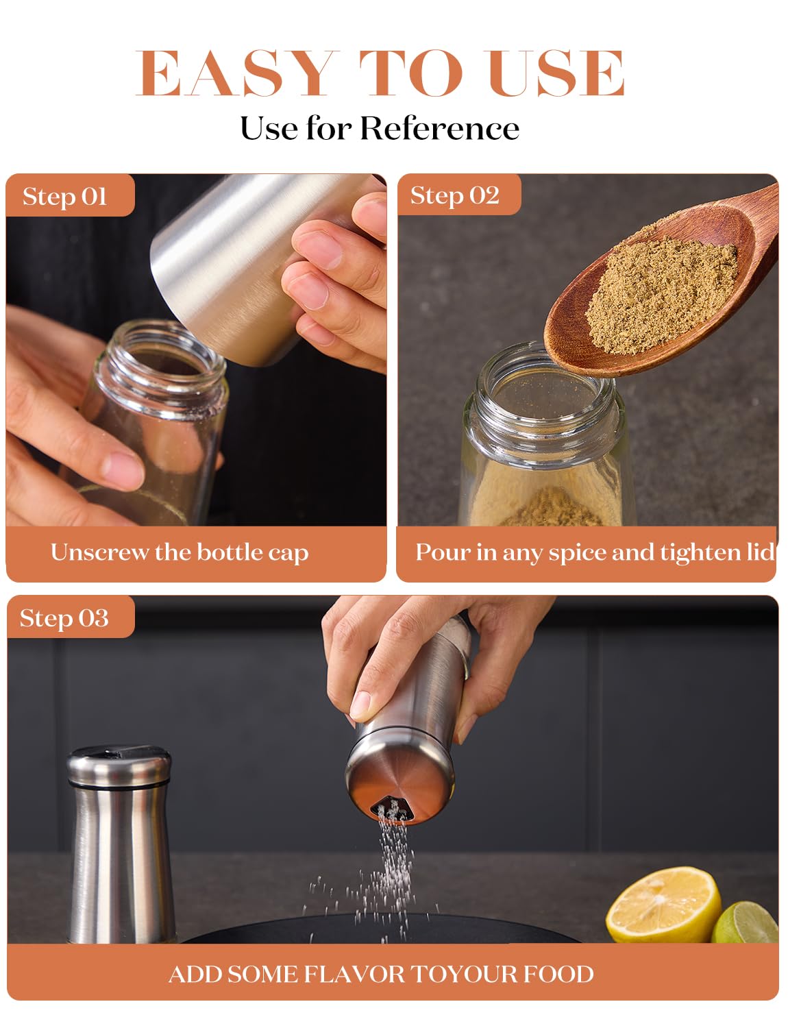 Salt and Pepper Shakers 2pcs with Adjustable Pour Holes Stainless Steel Salt Shaker and Pepper Shaker