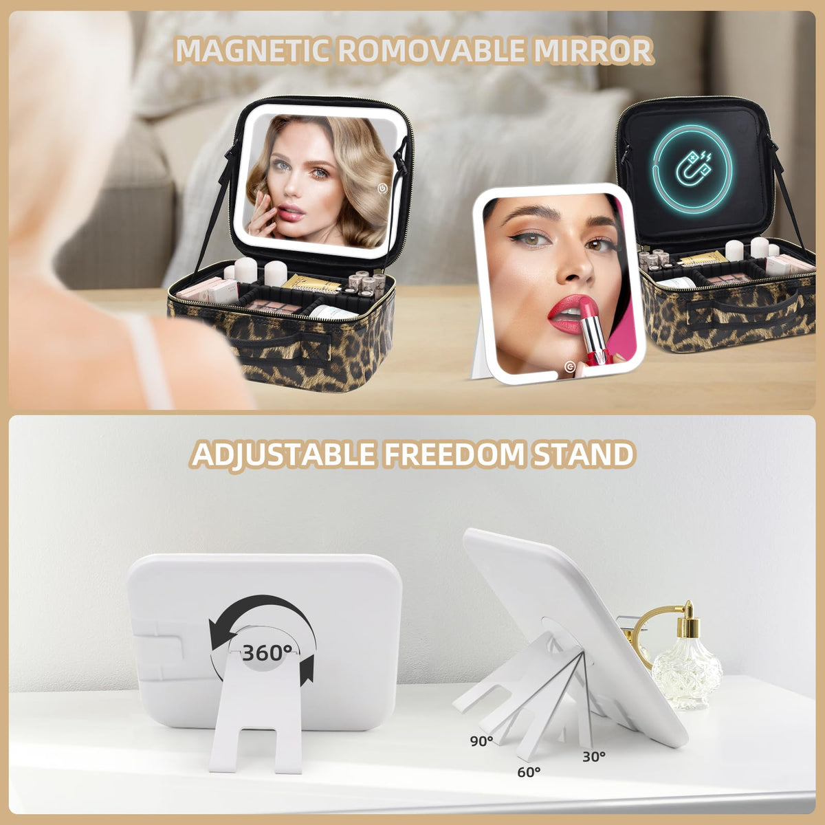 Makeup Bag with Magnetic Detachable Lighted Mirror, Travel Makeup Bag with Mirror 360° Angle, PU Leather Makeup Organizer Bag with Mirror and Lights, Portable Cosmetic Case Accessories Train Case Gift