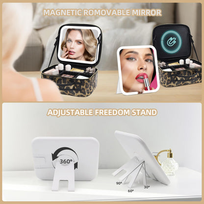 Makeup Bag with Magnetic Detachable Lighted Mirror, Travel Makeup Bag with Mirror 360° Angle, PU Leather Makeup Organizer Bag with Mirror and Lights, Portable Cosmetic Case Accessories Train Case Gift