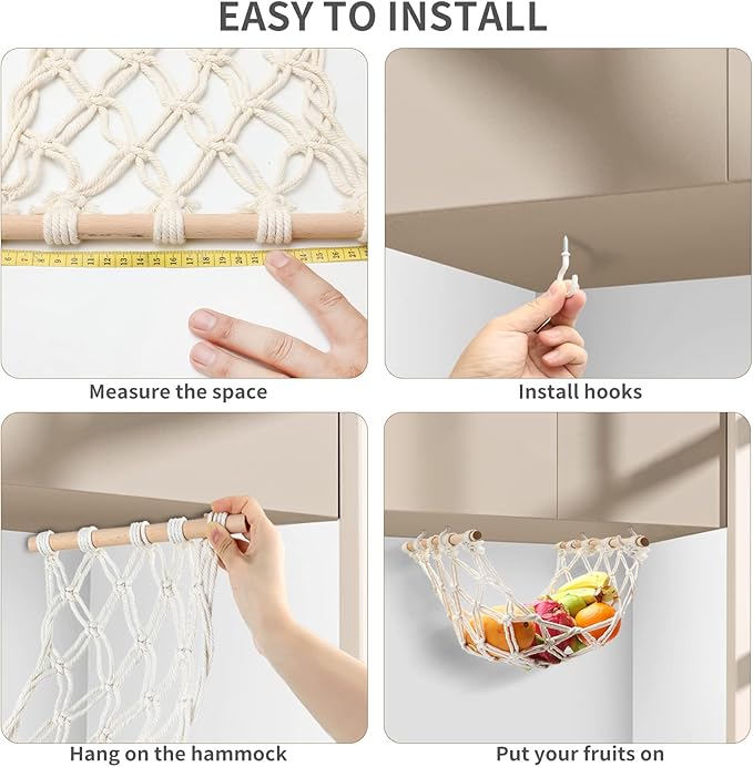Hanging Fruit Hammock with Hooks, Hanging Fruit Basket Under the Kitchen Cabinet