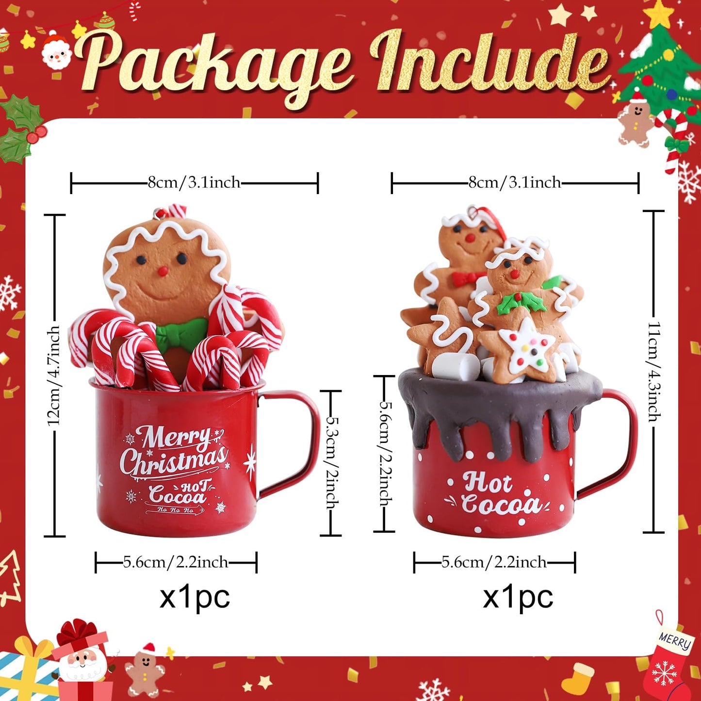 Cute Christmas Gingerbread Hanging Ornaments,2Pcs Mini Red Hot Cocoa Mugs with Handmade Clay Gingerbread Man Cookies,Chocolate,Marshmallows,Candy Canes for Winter Holiday Party Xmas Tree Decorations