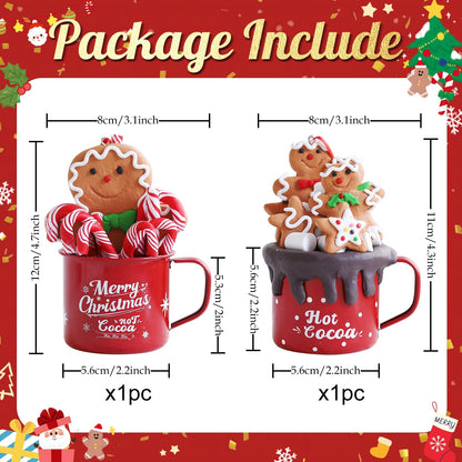 Cute Christmas Gingerbread Hanging Ornaments,2Pcs Mini Red Hot Cocoa Mugs with Handmade Clay Gingerbread Man Cookies,Chocolate,Marshmallows,Candy Canes for Winter Holiday Party Xmas Tree Decorations