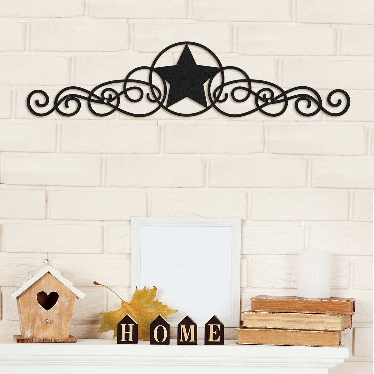 LEIFIDE Metal Star Wall Decor Black Scroll Star Rustic Country Decorations for Home Western Decorative Wall Art for Outdoor, 15.75 x 3.54 Inches