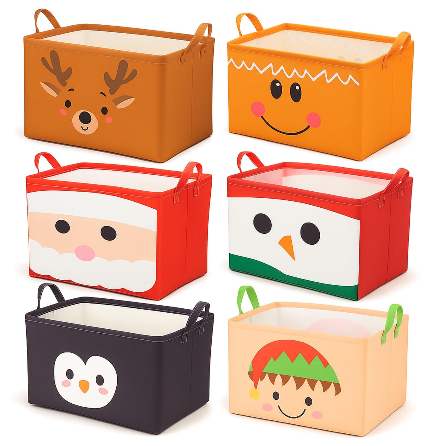 Wonderjune 6 Pcs Large Christmas Storage Basket 15 x 8.7 x 10.2 Inch Empty Christmas Gift Baskets with Handle Rectangle Foldable Xmas Storage Bin Organizer Box with Handle for Family Cloth Toy Gifts