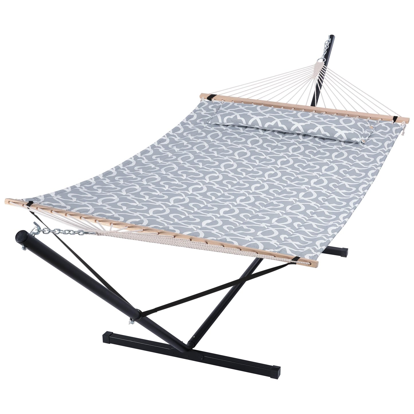 SUNCREAT 55 Inch Extra Large Double Hammock with Stand, 475lbs Capacity, Outdoor Portable Hammock with Hardwood Spreader Bar, Extra Large Pillow, Grey