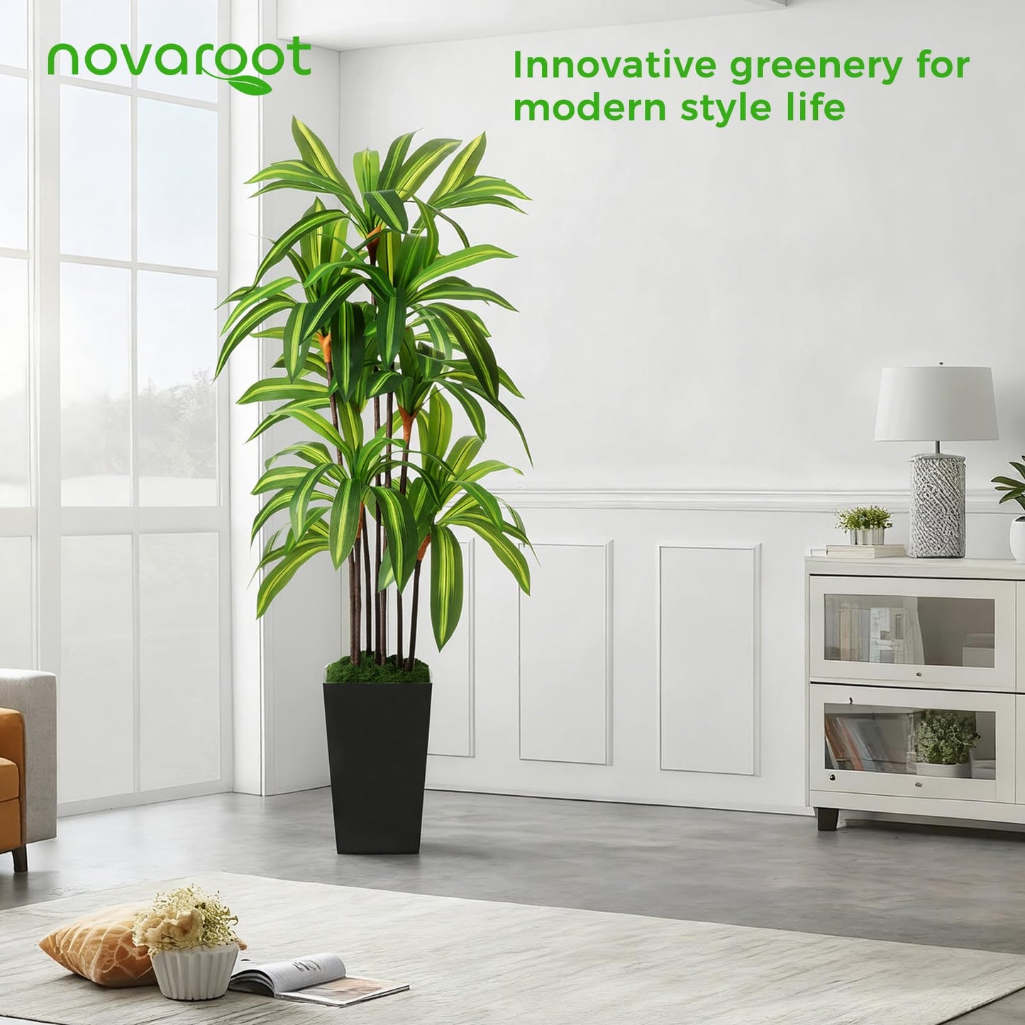 Artificial Dracaena Tree 5FT, Fake Plants with Black Tall Planter - Fake Tree Tall Faux Plants Indoor Floor Plant with Moss - Artificial Plants Indoor for Office Living Room Home Decor