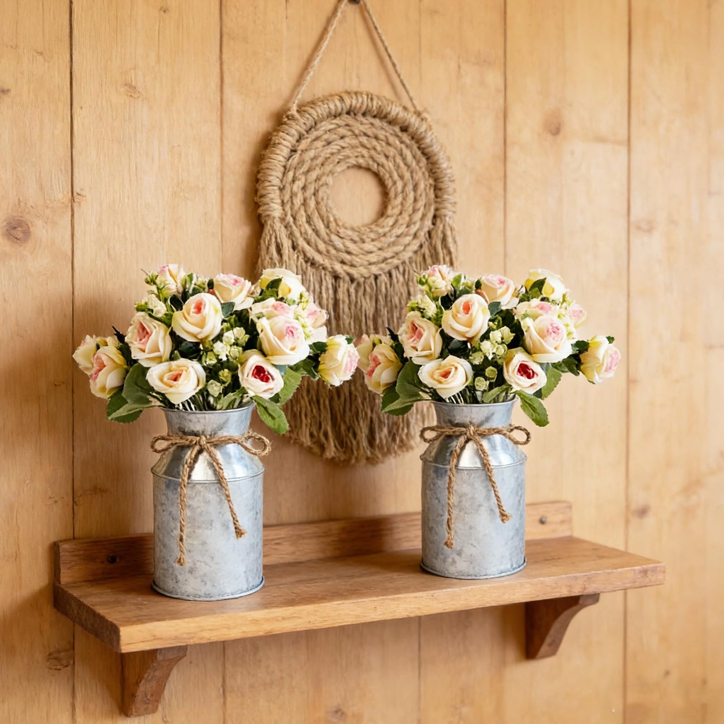 Farmhouse Artificial Rose Flowers with Metal Vase, Set of 6 Fake Rose Arrangements for Table, Faux Bouquets Wedding Centerpiece Decorations, Home Office Flower Decor (Silver Vase & Champaign Roses)