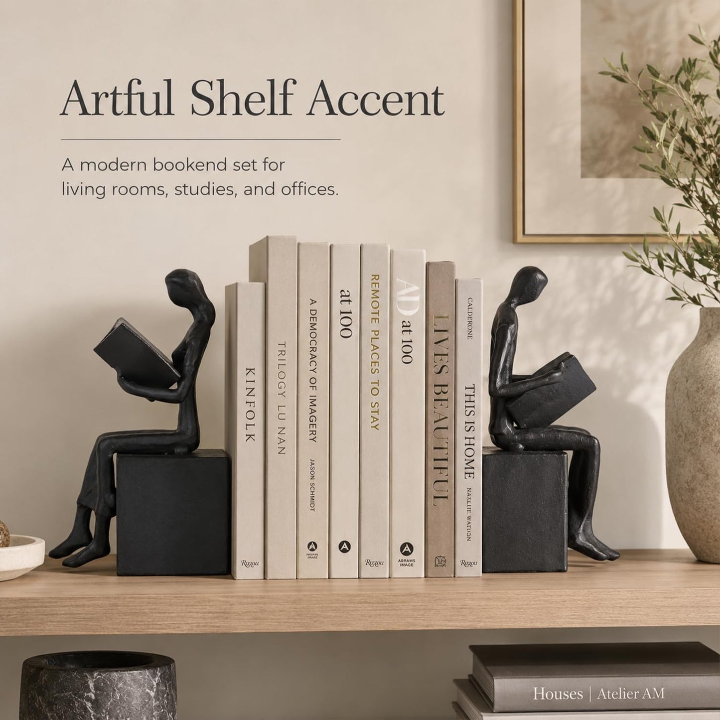 Iron Decorative Bookends for Heavy Books, Black Reading Couple Book Ends Decorative, Metal Thinker Bookends for Shelves Shelf Bookshelf Books Home Office Aesthetic or Book Lovers Gifts